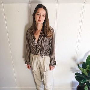 navy and tan striped button up